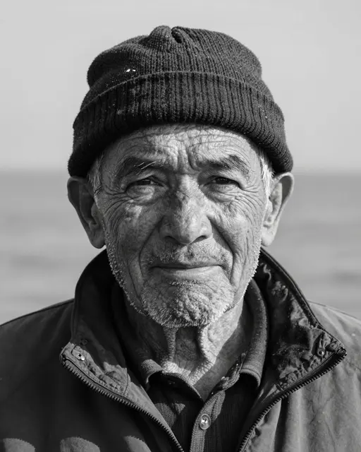 Close-up black and white portrait of an elderly weathered fisherman wearing a knit wool cap and jacket near calm water