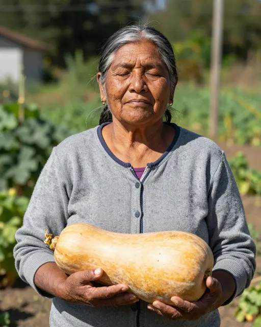 Indigenous woman in her seventies stands in a sunlit garden, eyes closed, holding a large harvested squash