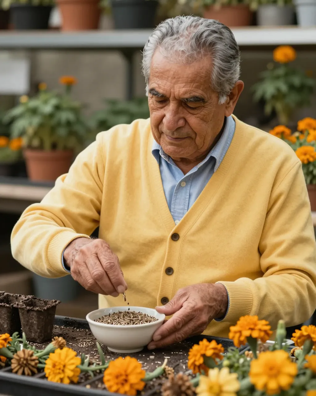 Older man in a yellow cardigan sifts marigold seeds into a bowl at a potting bench in a greenhouse.