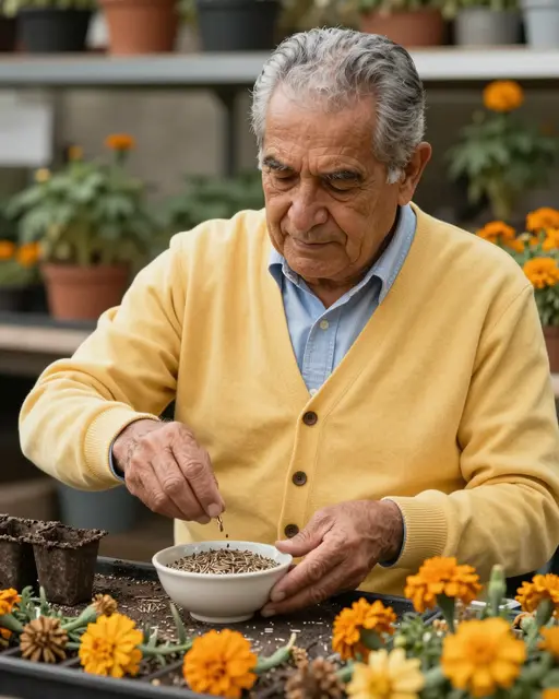 Older man in a yellow cardigan sifts marigold seeds into a bowl at a potting bench in a greenhouse.