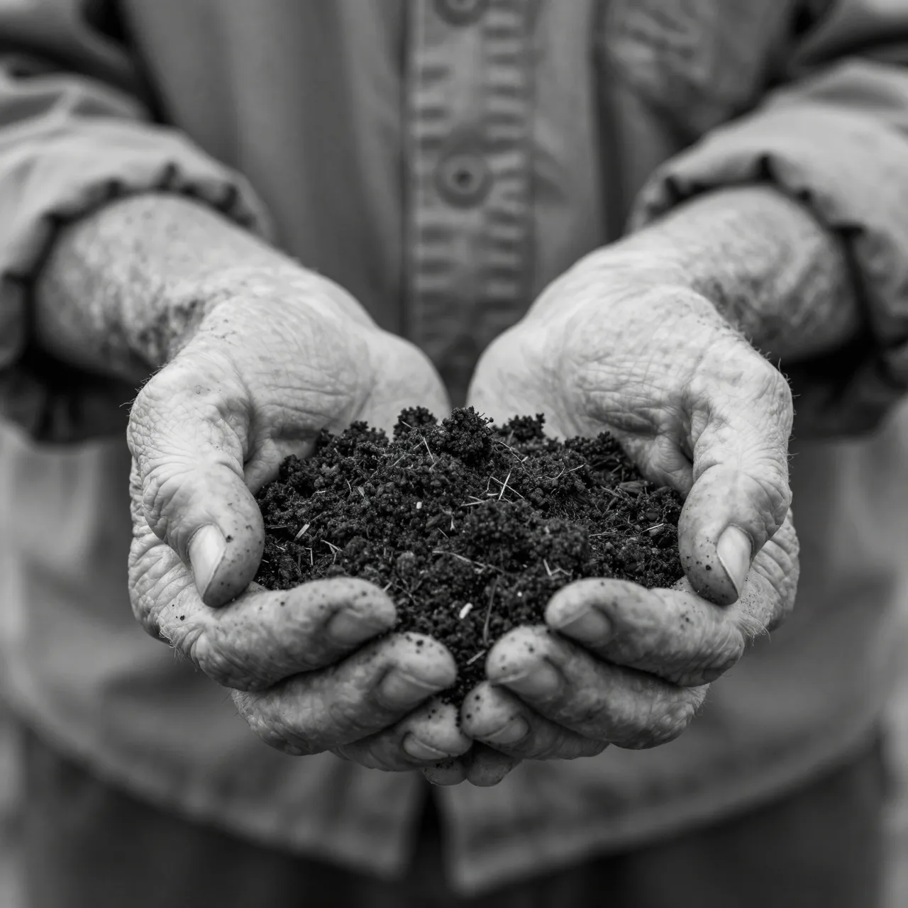 Black and white close-up of gnarled elderly cupped hands holding a pile of dark crumbly soil