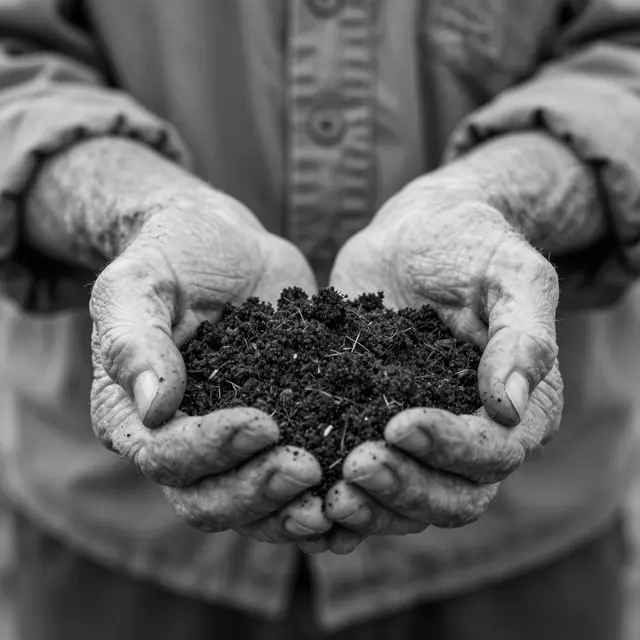 Black and white close-up of gnarled elderly cupped hands holding a pile of dark crumbly soil