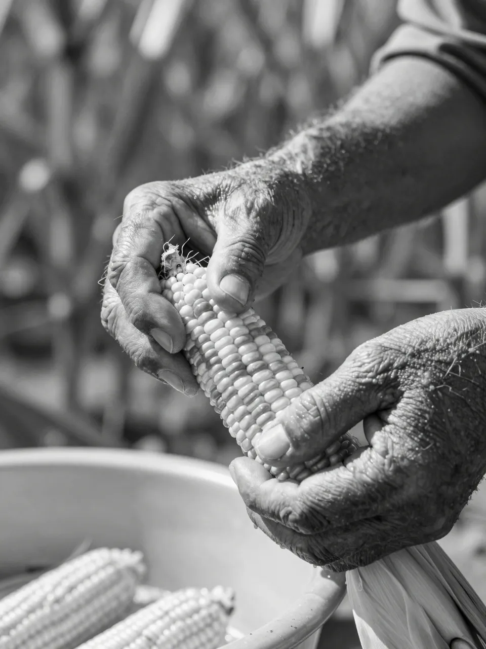 Black and white close-up of an older adult's weathered hands husking an ear of corn outdoors in bright sunlight