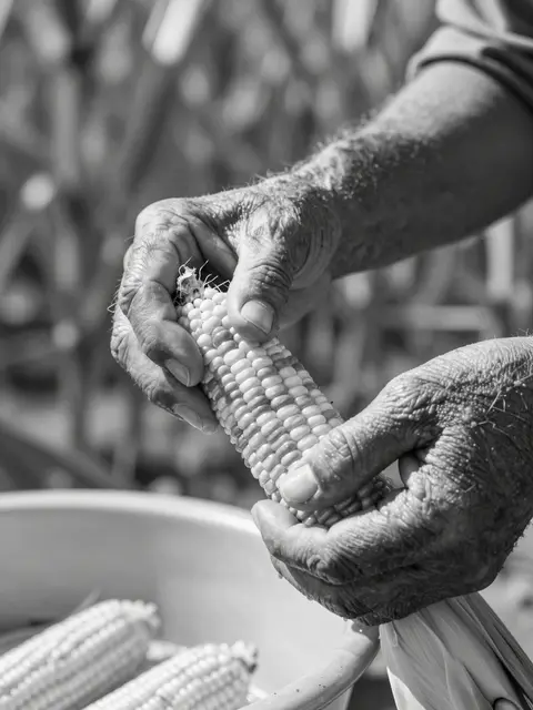 Black and white close-up of an older adult's weathered hands husking an ear of corn outdoors in bright sunlight