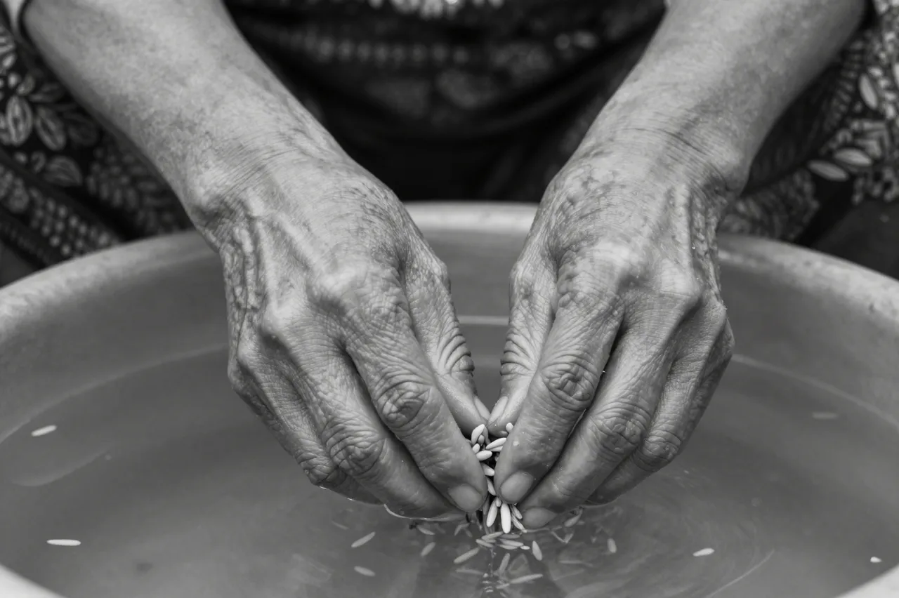 Black and white close-up of an older woman's weathered hands holding grain over a water basin
