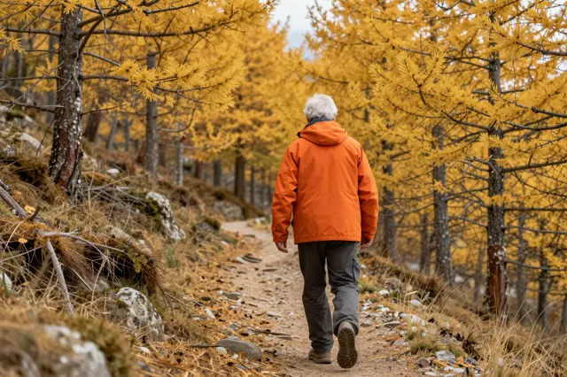 Back view of an elderly man in an orange jacket walking along a dirt trail through golden larch trees