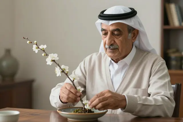 Senior Middle Eastern man arranges a flowering branch in a shallow ceramic dish at a wooden table