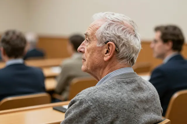 Side profile of an elderly man with a hearing aid seated listening in a lecture hall