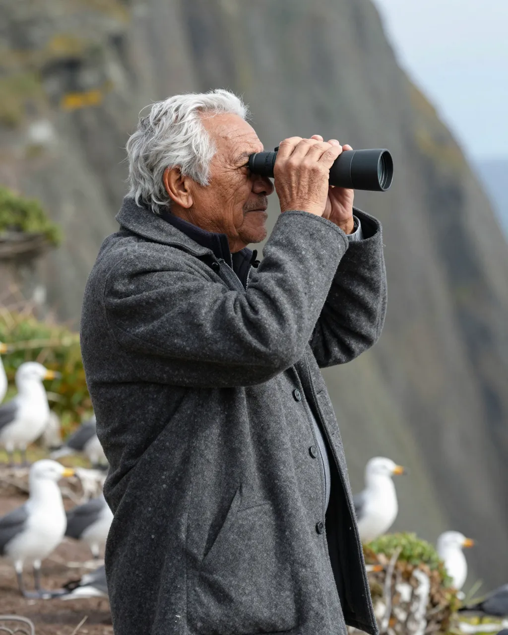Elderly Pacific Islander man uses binoculars to watch seabirds from a rocky coastal clifftop.