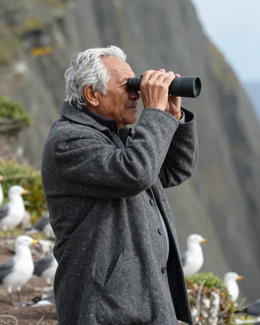 Elderly Pacific Islander man uses binoculars to watch seabirds from a rocky coastal clifftop.