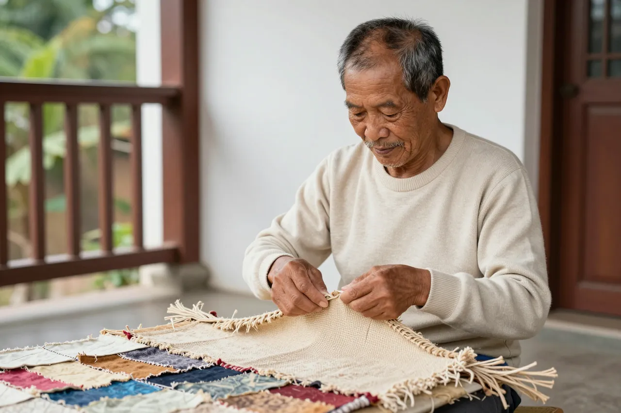 Senior Southeast Asian man in a cream sweater works on a handmade rag rug on a sunny residential porch