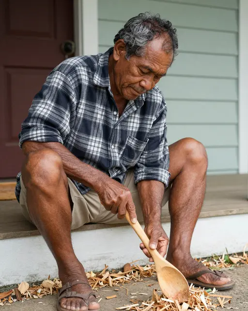 Senior Pacific Islander man sits on a porch step shaping a wooden spoon with wood shavings around his feet