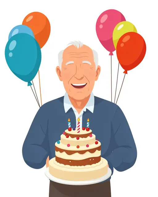 Smiling elderly man holding a lit tiered birthday cake with colorful balloons behind him on a plain white background