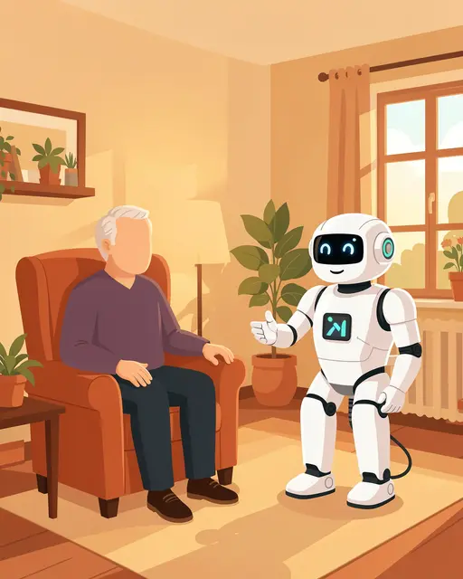 Faceless older man sits in an armchair conversing with a friendly care robot in a sunlit cozy living room.