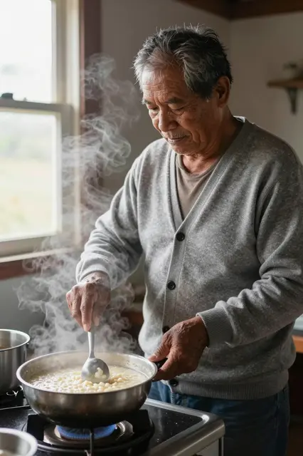 Older man in a gray cardigan stirs steaming porridge on a stove by a sunlit kitchen window.
