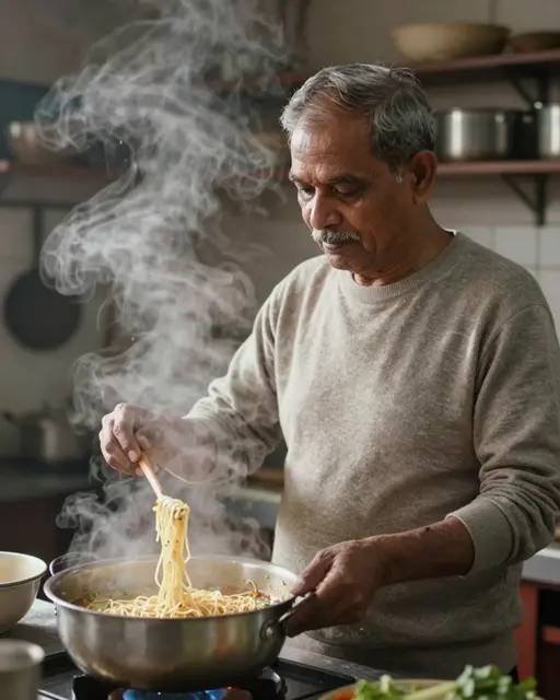 Senior South Asian man stirring steaming noodles in a shared kitchen