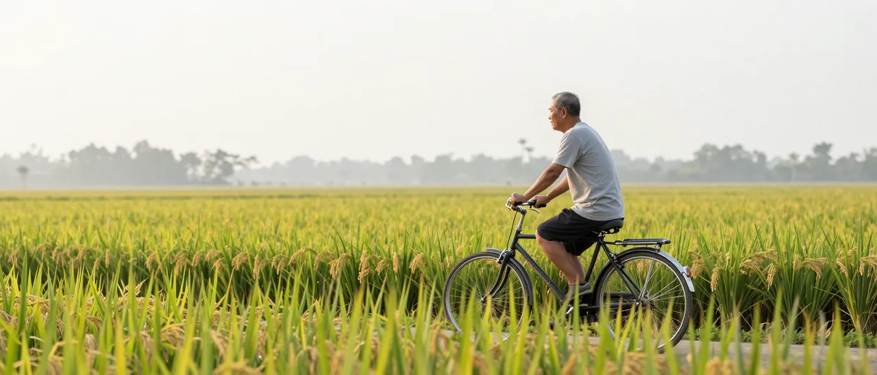 An elderly Southeast Asian man rides a bicycle along a path through rice fields at hazy sunrise.