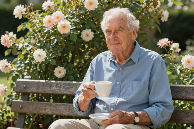 Elderly white man sits on a wooden garden bench holding a coffee cup and saucer in front of blooming climbing roses on a