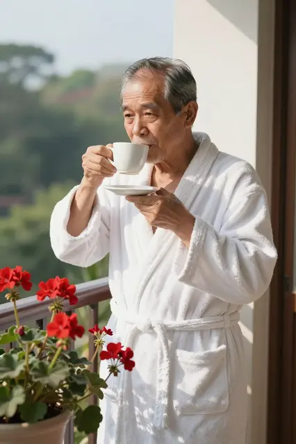 Senior Southeast Asian man in a white bathrobe sips coffee beside red geraniums on a sunlit balcony
