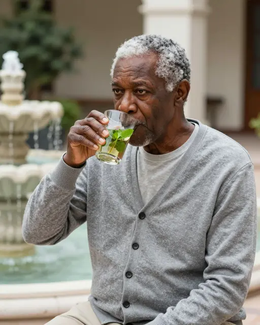 Older Black man in a grey cardigan sips mint tea from a glass beside a courtyard fountain.