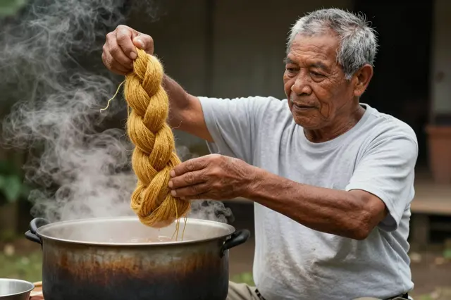 An elderly Pacific Islander man lifts golden hand-dyed yarn from a steaming metal pot outdoors.
