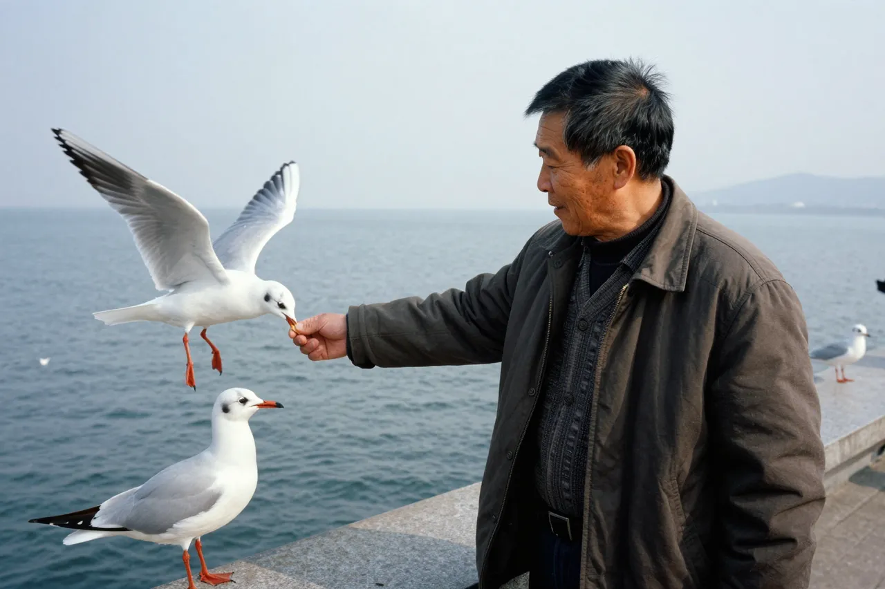 An older East Asian man feeds a flying seagull from his hand on a seaside promenade, with a second seagull perched nearby.