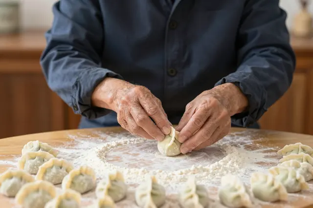 Hands of an older East Asian man folding a dumpling on a floured round wooden table with finished dumplings arranged around.