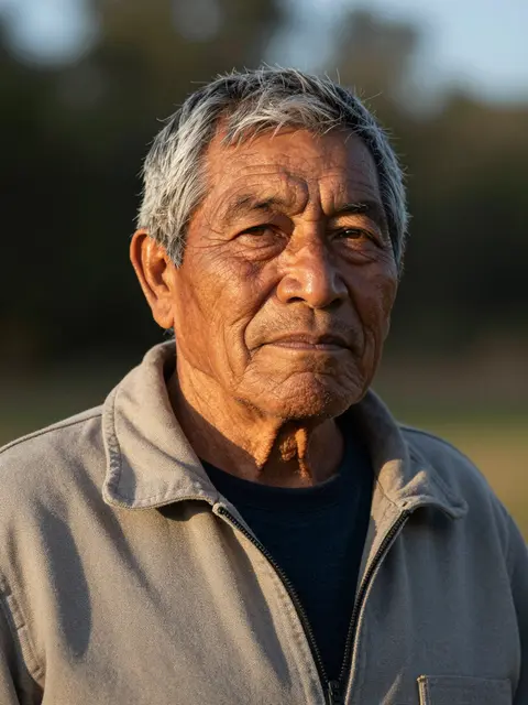 Close-up portrait of an older Indigenous man outdoors in warm low evening sunlight