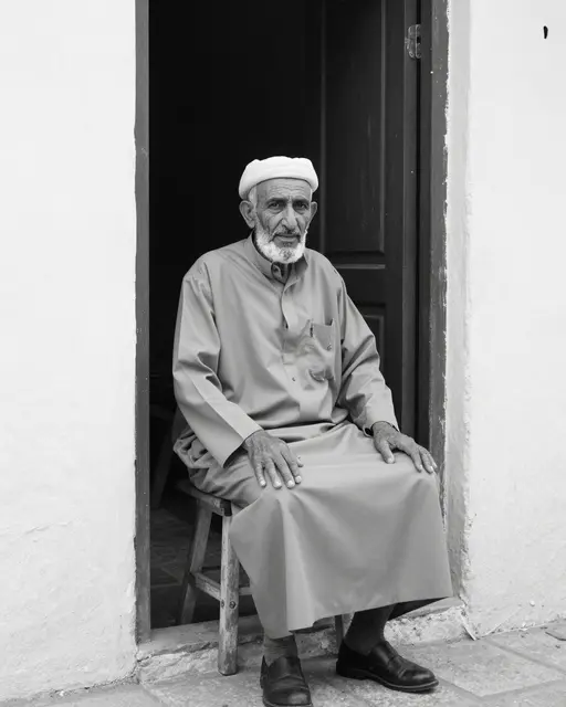 Black and white portrait of an elderly Middle Eastern man sitting on a wooden stool in a whitewashed doorway