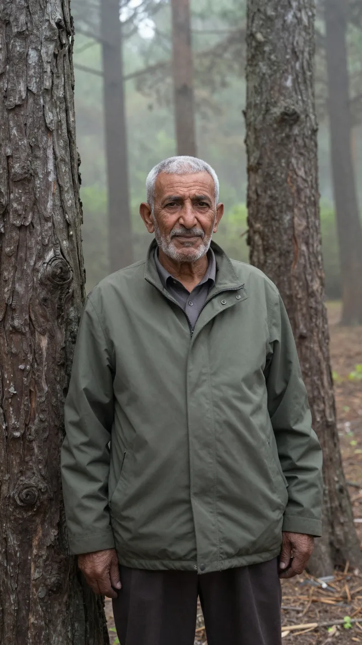 Older Middle Eastern man in a green jacket stands between tree trunks in a foggy forest