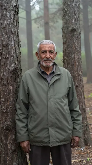 Older Middle Eastern man in a green jacket stands between tree trunks in a foggy forest