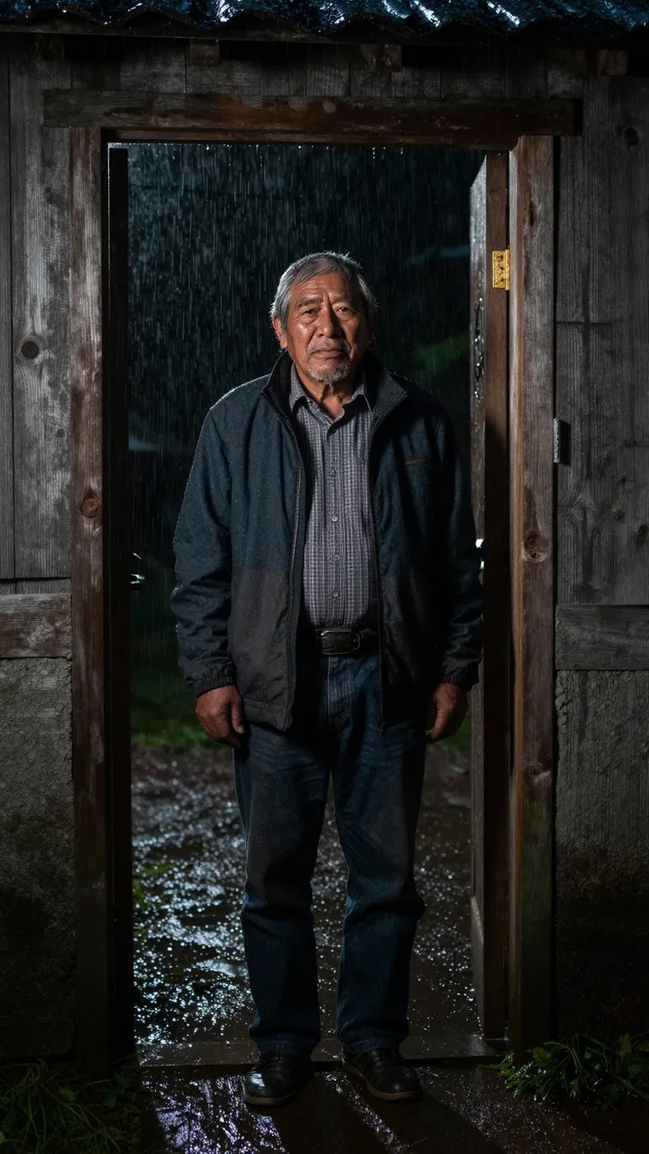Senior Indigenous man stands in a wooden doorway as rain falls outside at night