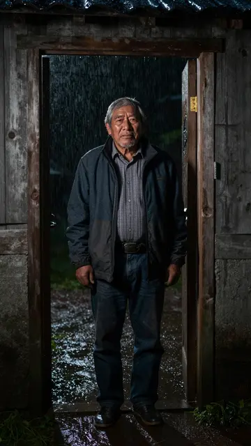 Senior Indigenous man stands in a wooden doorway as rain falls outside at night
