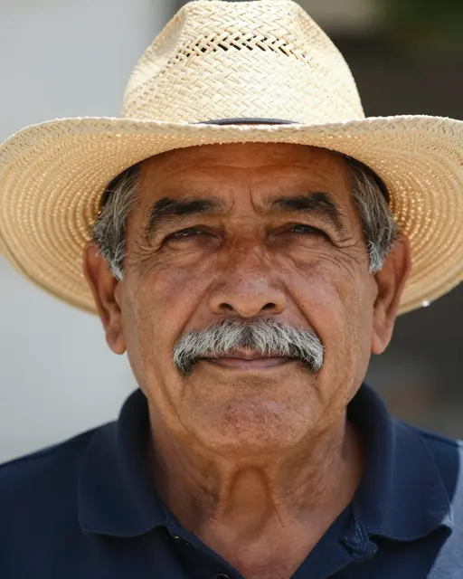 Close-up portrait of an older Latino man in a straw hat squinting gently in bright sunlight