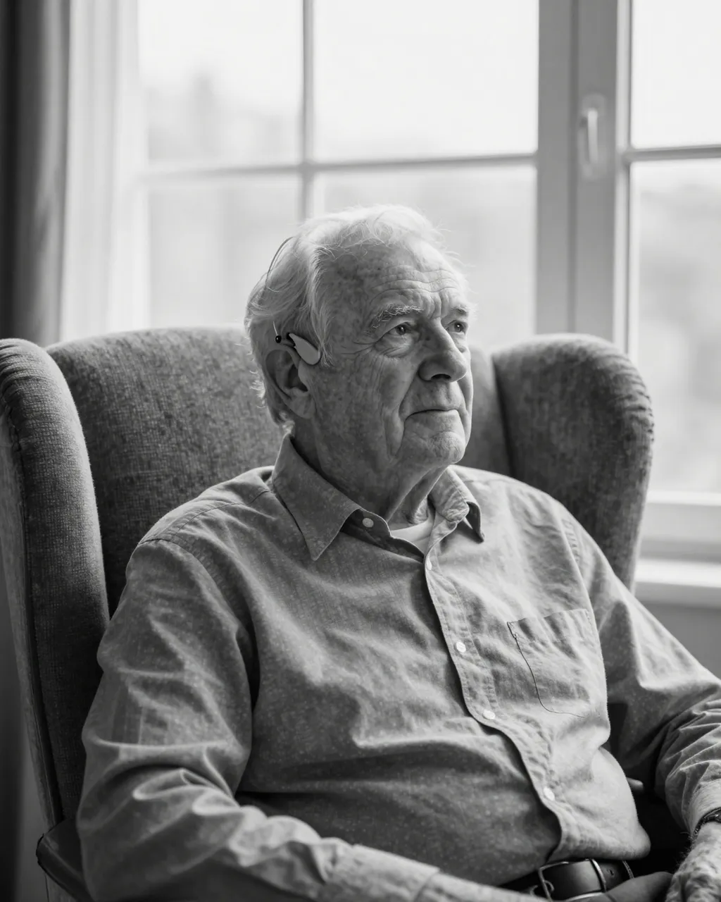 Black and white portrait of an elderly man with a hearing aid seated in a wingback chair beside a tall window
