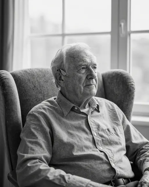 Black and white portrait of an elderly man with a hearing aid seated in a wingback chair beside a tall window