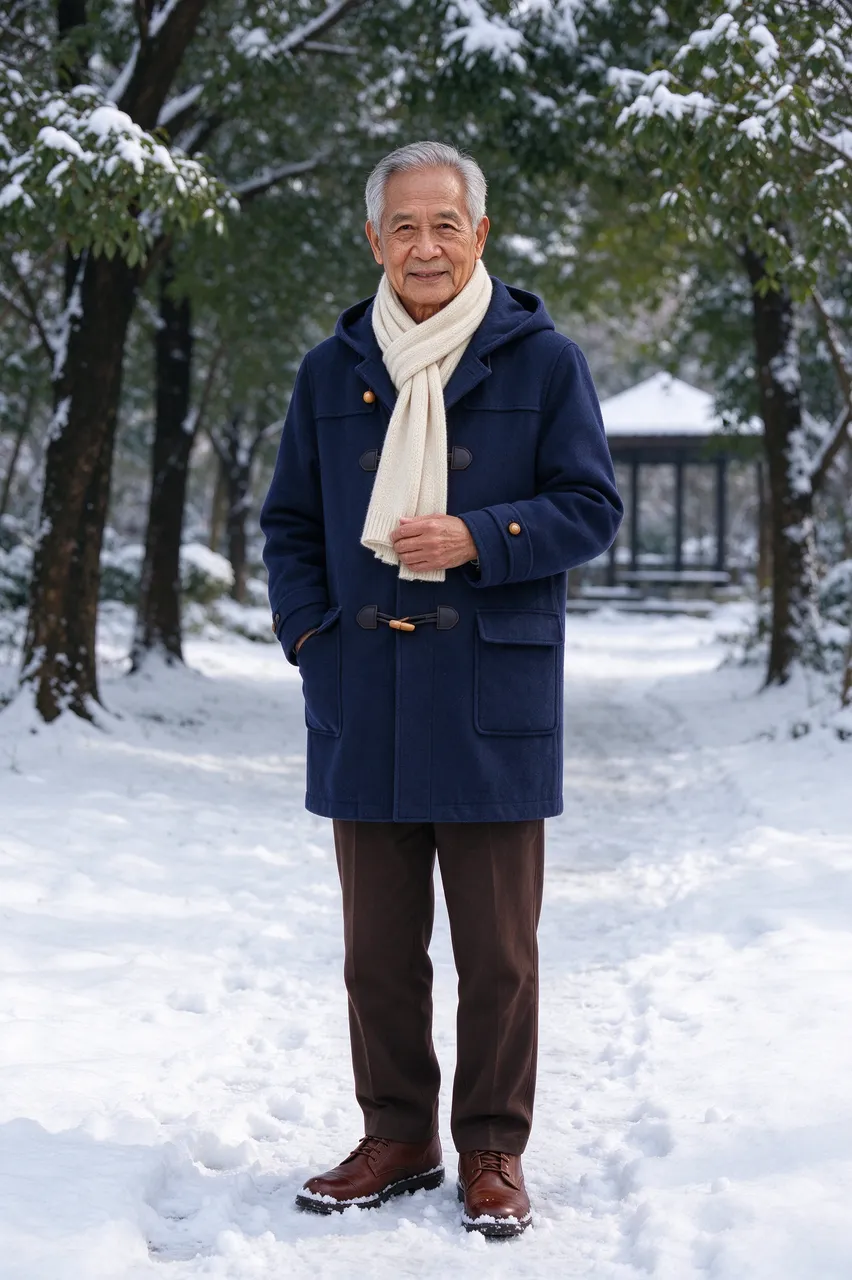 An elderly Southeast Asian man stands on a snow covered park path in winter outerwear
