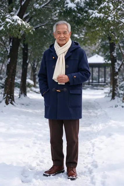An elderly Southeast Asian man stands on a snow covered park path in winter outerwear
