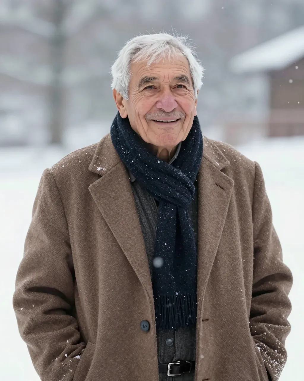 Smiling elderly man stands outdoors as soft snow falls around him