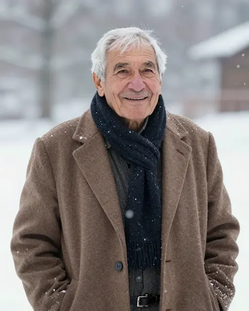 Smiling elderly man stands outdoors as soft snow falls around him