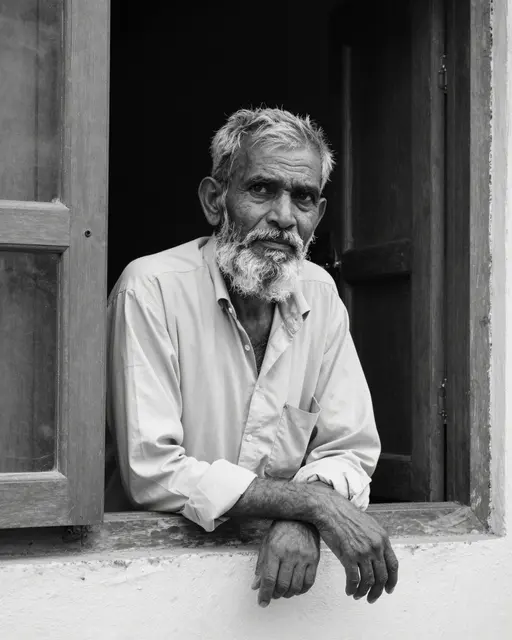 Black and white portrait of an elderly South Asian man with a gray beard leaning out of an open wooden window