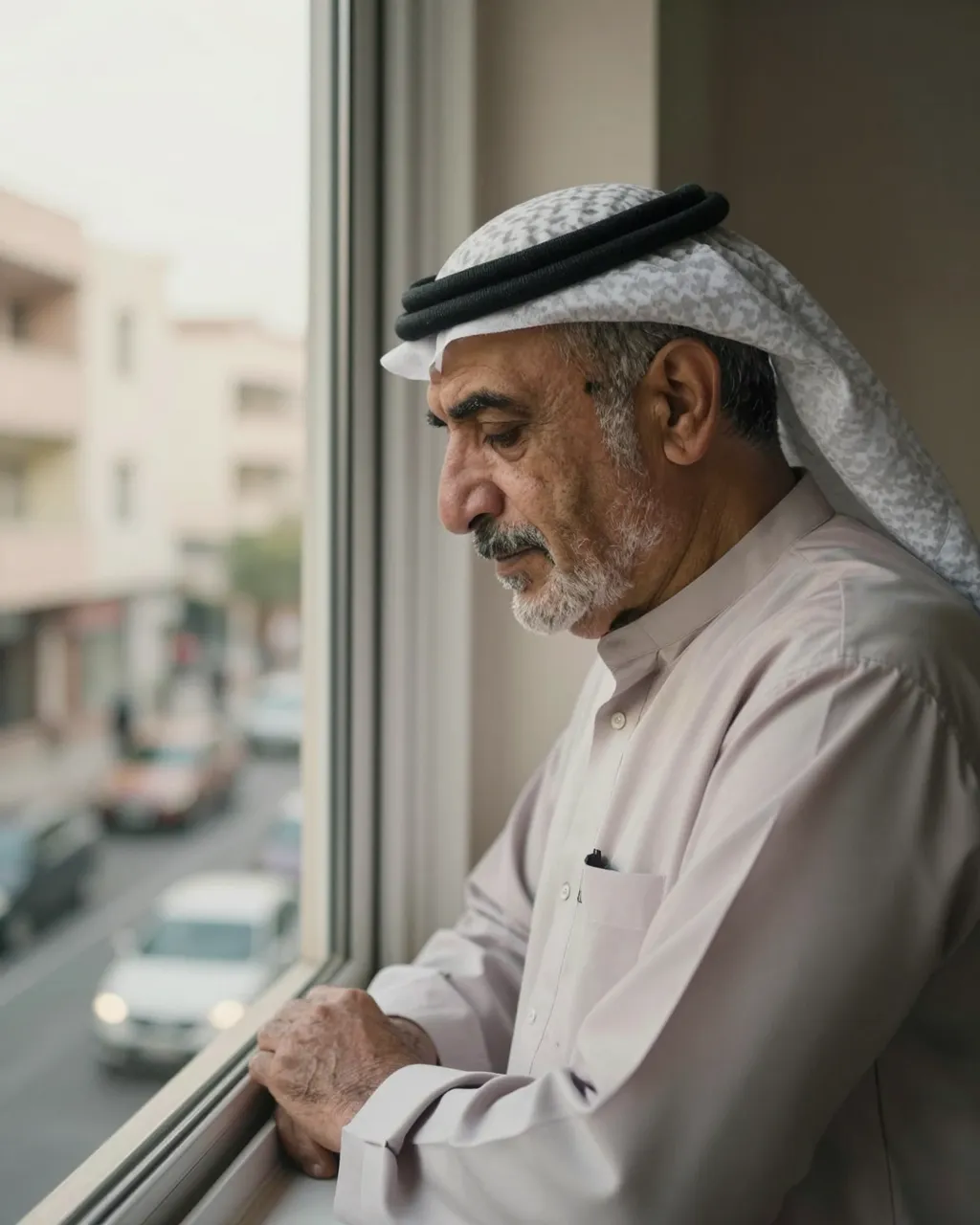 Senior Middle Eastern man stands by an apartment window looking down at the residential street below in soft afternoon light.