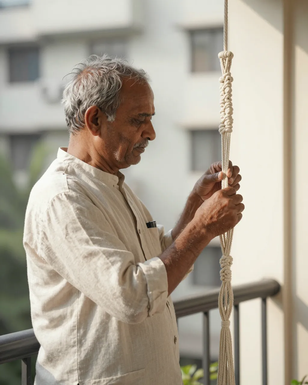 Senior South Asian man knots a macrame plant hanger on a sunlit residential balcony