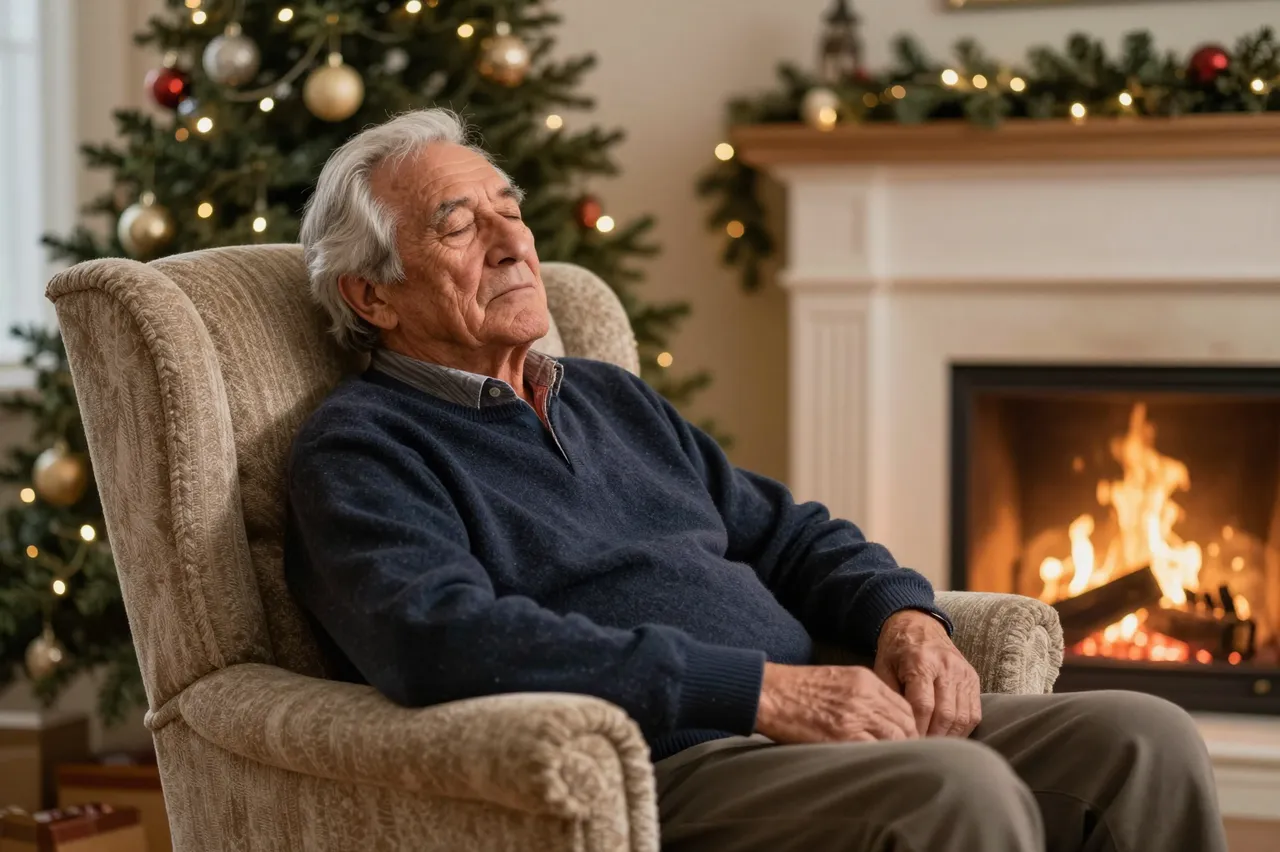 Elderly dozing man sits in an armchair beside a lit fireplace and decorated Christmas tree