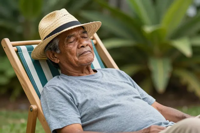 An elderly Pacific Islander man dozes in a wooden deck chair wearing a straw hat and plain t-shirt in a lush garden.
