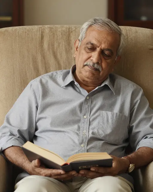 A South Asian man in his seventies dozes while holding an open book in a beige armchair under warm indoor light.
