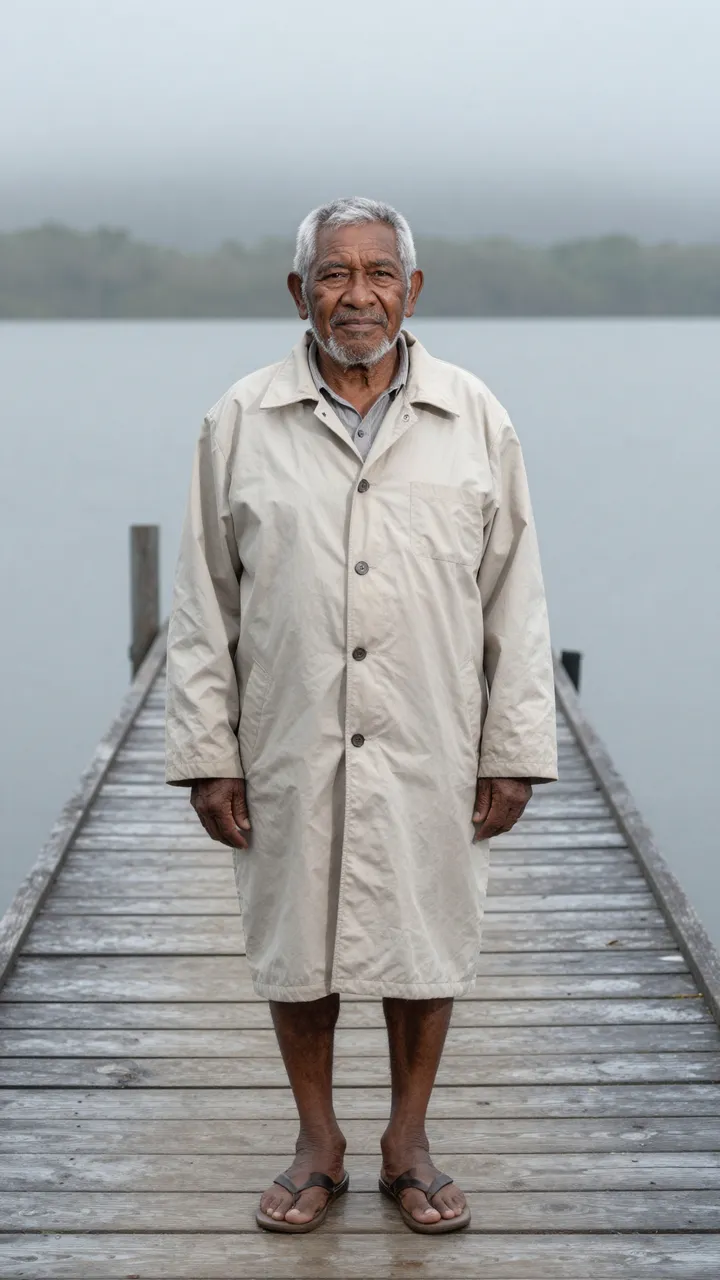 Elderly Pacific Islander man stands on a weathered wooden pier over a foggy gray lake