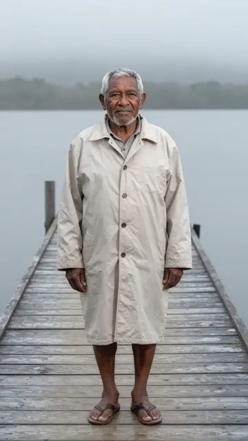 Elderly Pacific Islander man stands on a weathered wooden pier over a foggy gray lake