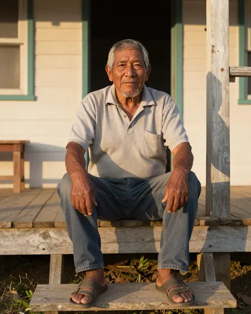 Indigenous elderly man in his seventies sits on wooden home porch steps in warm golden hour light