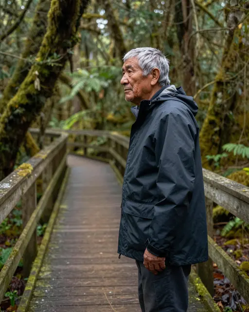 Side view of an elderly man standing on a mossy wooden boardwalk in a dense rainforest